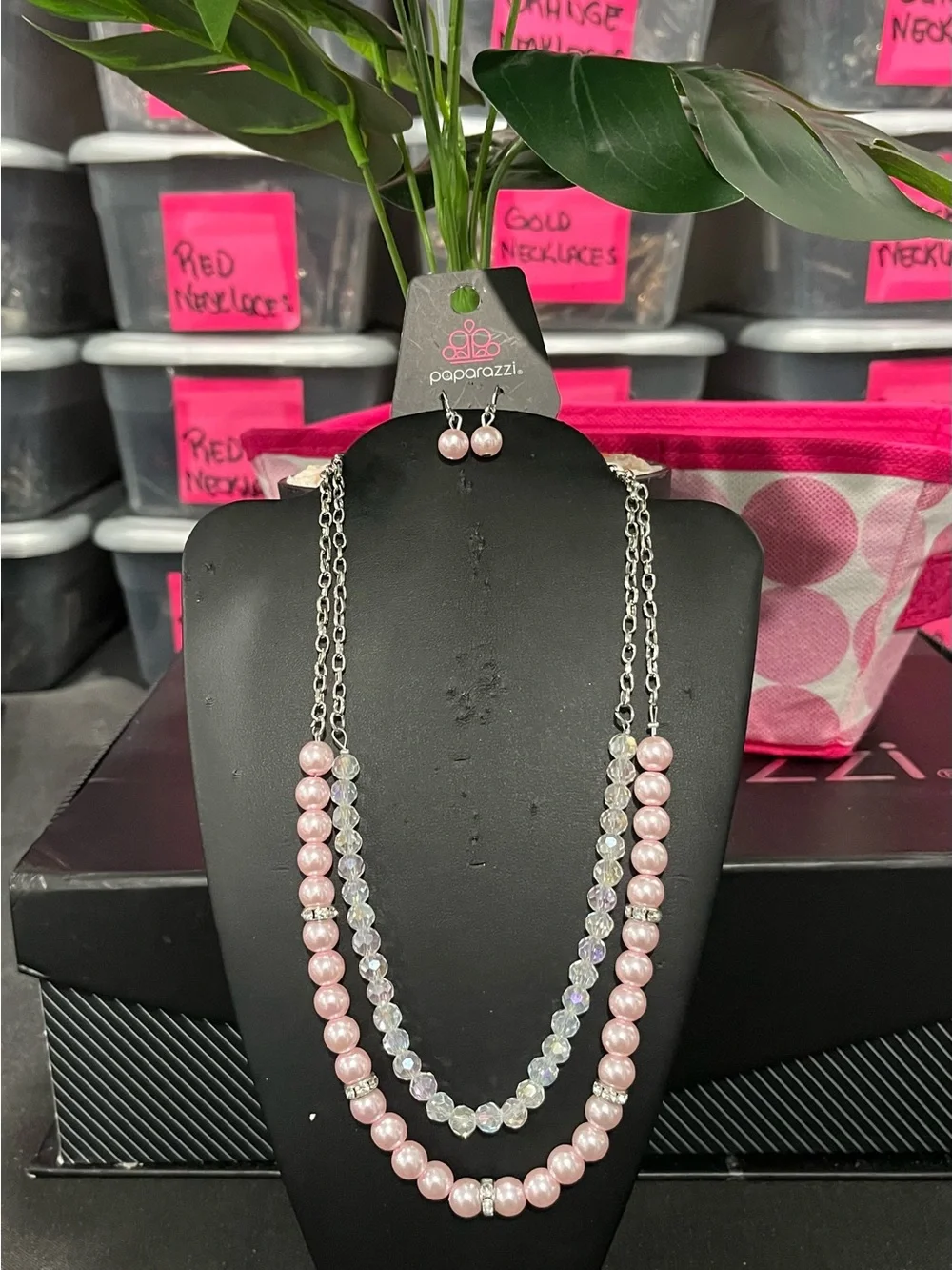 Paparazzi Pink Pearl and Iridescent Double Strand Necklace Set